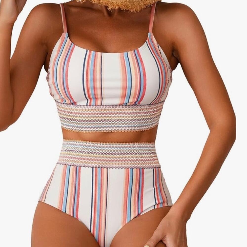 Women 2 Piece Swimsuit Size L White Multi Stripe High Waist Bikini NWOT